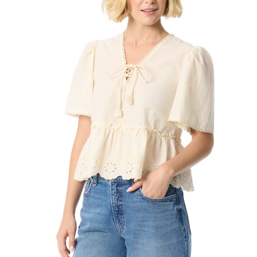 🦋 Jessica Simpson Cream Eyelet Trim V Neck Puff Sleeve Peplum Crop Top Blouse